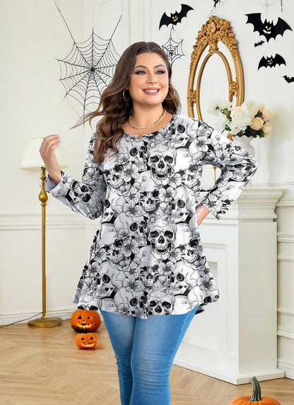 Halloween Skull Floral Print Tunic Top – Women's Plus Size Long Sleeve Swing Blouse (S–7XL)
