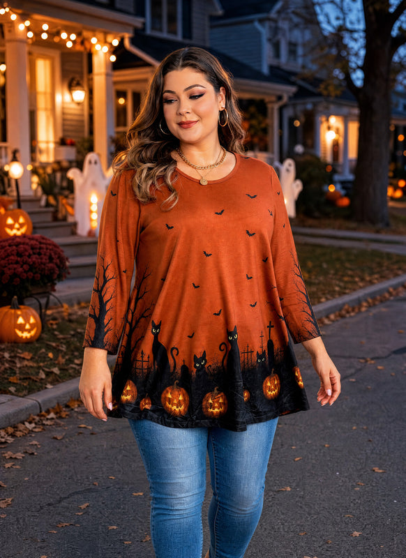 Women's Orange & Black Swing Tunic Top – 3/4 Sleeve, Plus Size