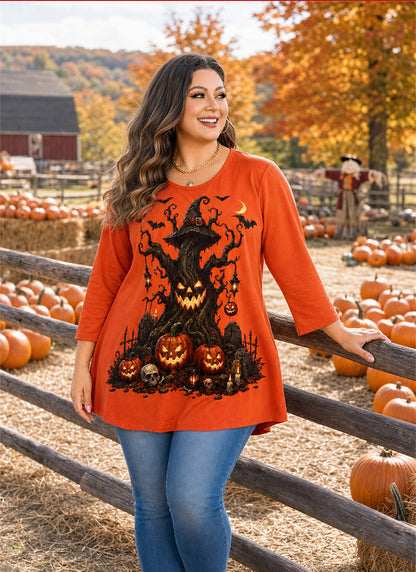 Women's Orange Swing Tunic Top – 3/4 Sleeve, Plus Size