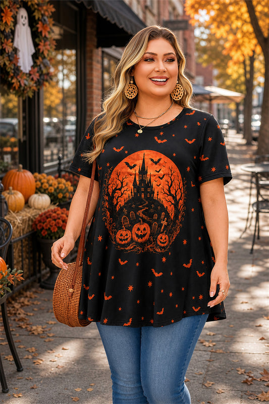 Women's Halloween Black & Orange Tunic Top – Graphic Print, Plus Size