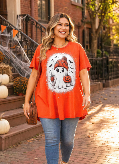 Women's Halloween Orange Tunic Top – Festive Print, Plus Size