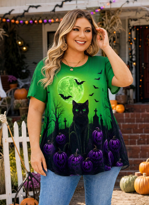 Women's Halloween Green Tunic Top – Witchy Print, Plus Size