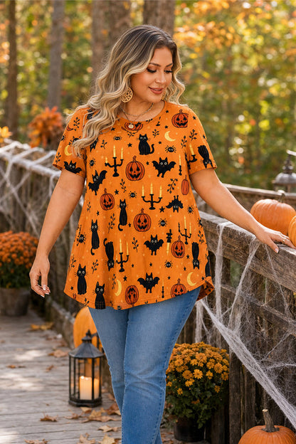Women's Halloween Orange Swing Tunic Top – Short Sleeve, Plus Size