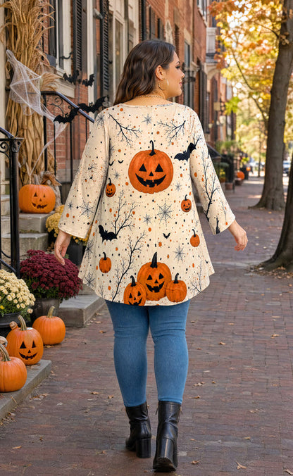 Women's Halloween Pumpkin Tunic Top – 3/4 Sleeve, Plus Size