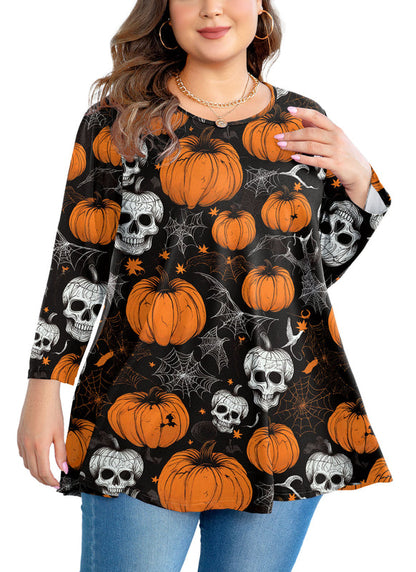 Halloween Pumpkin Skull Print Tunic Top – Women's Plus Size 3/4 Sleeve Swing Blouse (S–7XL)