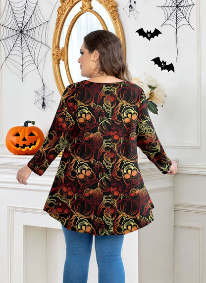 Women's Plus Size Halloween Tunic Top – 3/4 Sleeve Spooky Swing Flare Blouse