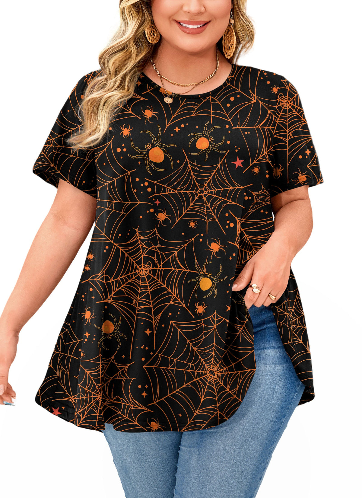 Women's Plus Size Halloween Tunic Top – Short Sleeve Festive Swing Blouse
