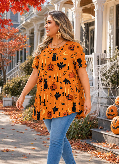 Women's Halloween Orange Swing Tunic Top – Short Sleeve, Plus Size