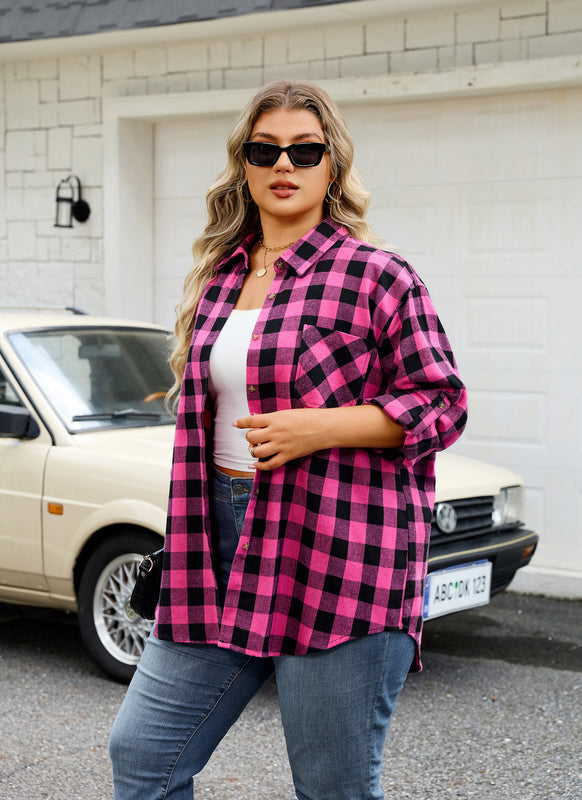 Women's Plus Size Hot Pink Plaid Flannel Shirt | Long Sleeve Button Down
