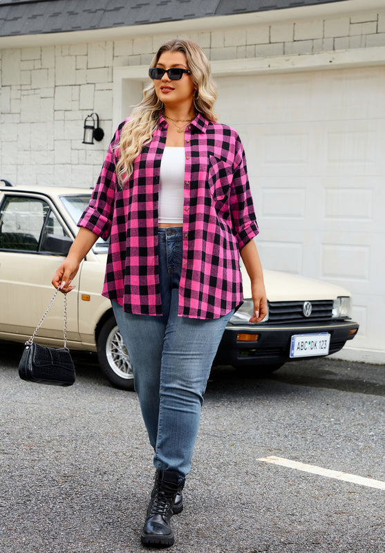 Women's Plus Size Hot Pink Plaid Flannel Shirt | Long Sleeve Button Down