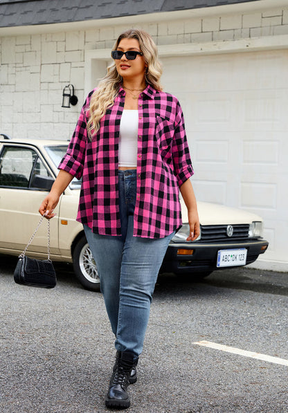 Women's Plus Size Hot Pink Plaid Flannel Shirt | Long Sleeve Button Down