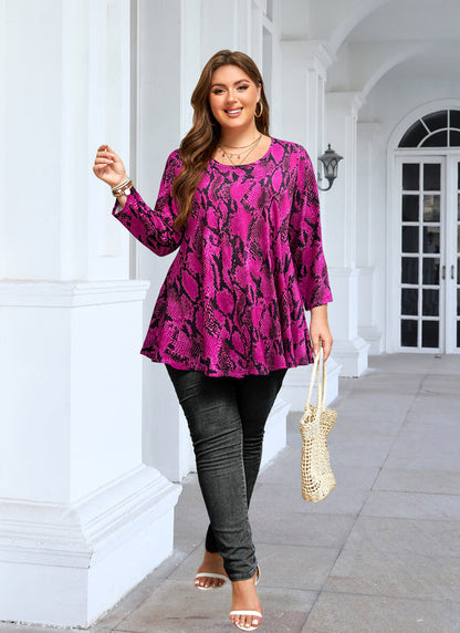 Women's Plus Size Hot Pink Snakeskin Print Tunic Top – 3/4 Sleeve Swing Flare Blouse