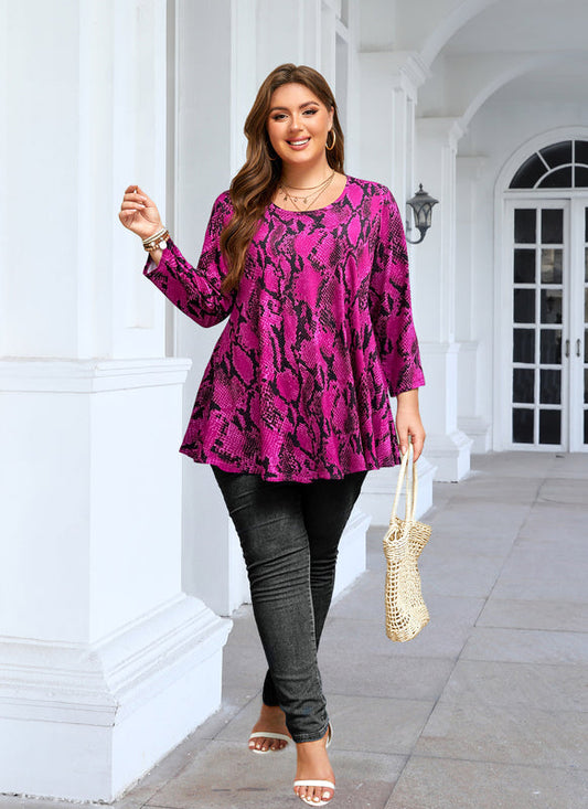 Women's Plus Size Hot Pink Snakeskin Print Tunic Top – 3/4 Sleeve Swing Flare Blouse