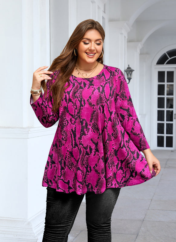 Women's Plus Size Hot Pink Snakeskin Print Tunic Top – 3/4 Sleeve Swing Flare Blouse