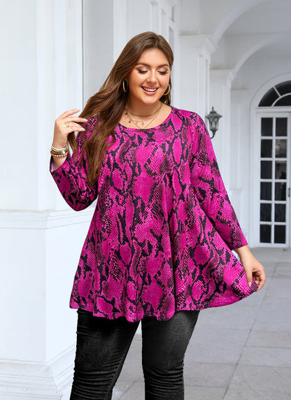 Women's Plus Size Hot Pink Snakeskin Print Tunic Top – 3/4 Sleeve Swing Flare Blouse