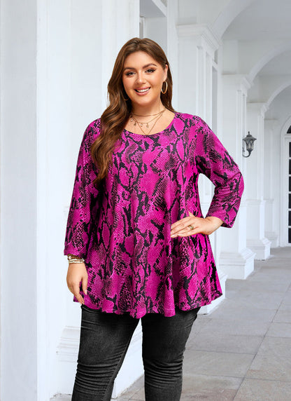 Women's Plus Size Hot Pink Snakeskin Print Tunic Top – 3/4 Sleeve Swing Flare Blouse