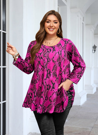 Women's Plus Size Hot Pink Snakeskin Print Tunic Top – 3/4 Sleeve Swing Flare Blouse