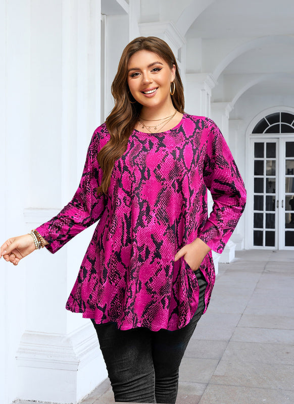 Women's Plus Size Hot Pink Snakeskin Print Tunic Top – 3/4 Sleeve Swing Flare Blouse