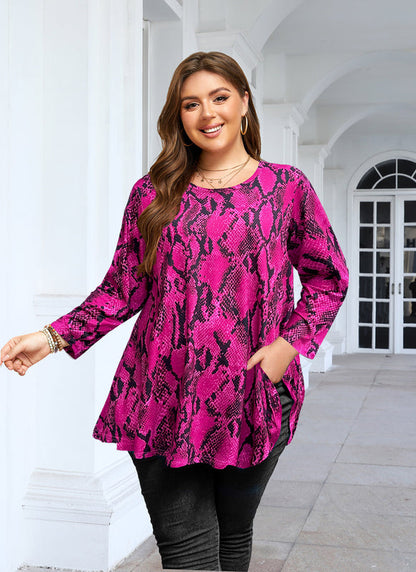Women's Plus Size Hot Pink Snakeskin Print Tunic Top – 3/4 Sleeve Swing Flare Blouse