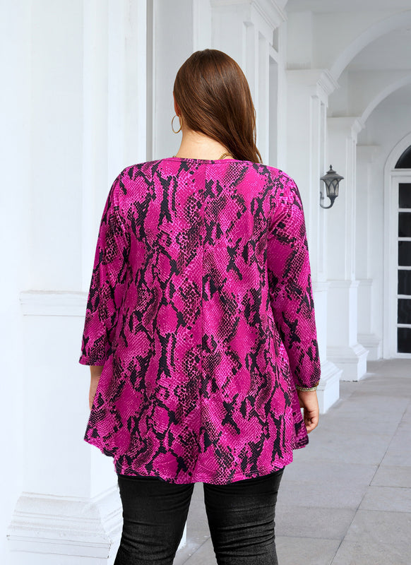 Women's Plus Size Hot Pink Snakeskin Print Tunic Top – 3/4 Sleeve Swing Flare Blouse