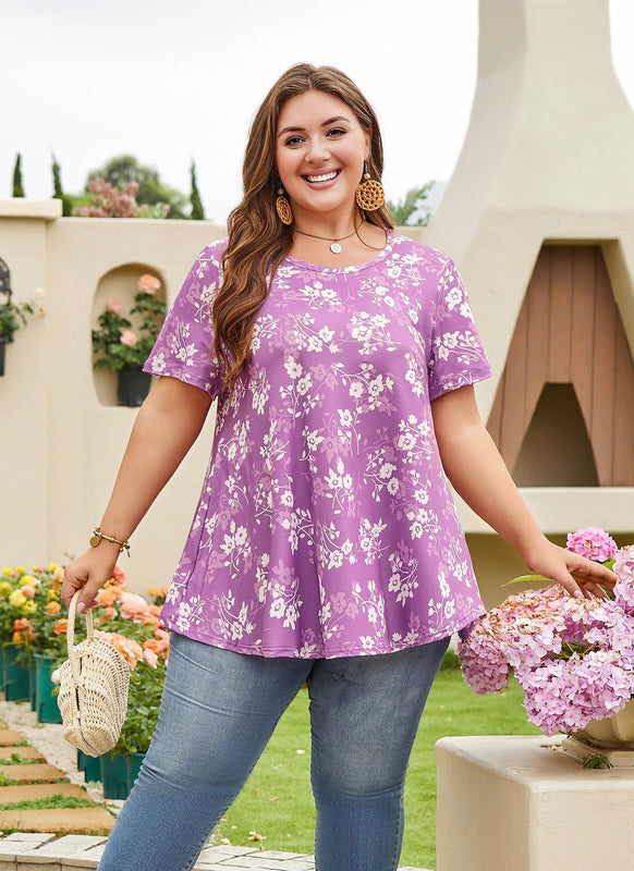 Women's Plus Size Purple & White Tunic Top – Short Sleeve Swing Blouse