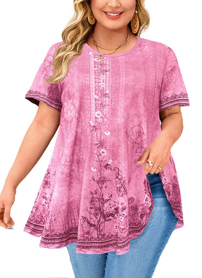 Womens Plus Size Tops Short Sleeve Swing Flare Flowy Tunic Loose Fit Summer Casual Blouses to Wear with Leggings
