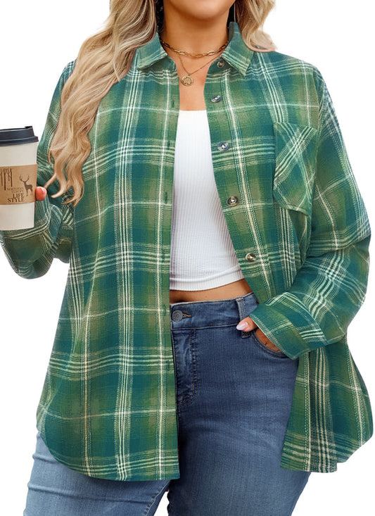 Women's Plus Size Sage Green Plaid Flannel Shirt | Long Sleeve Button Down