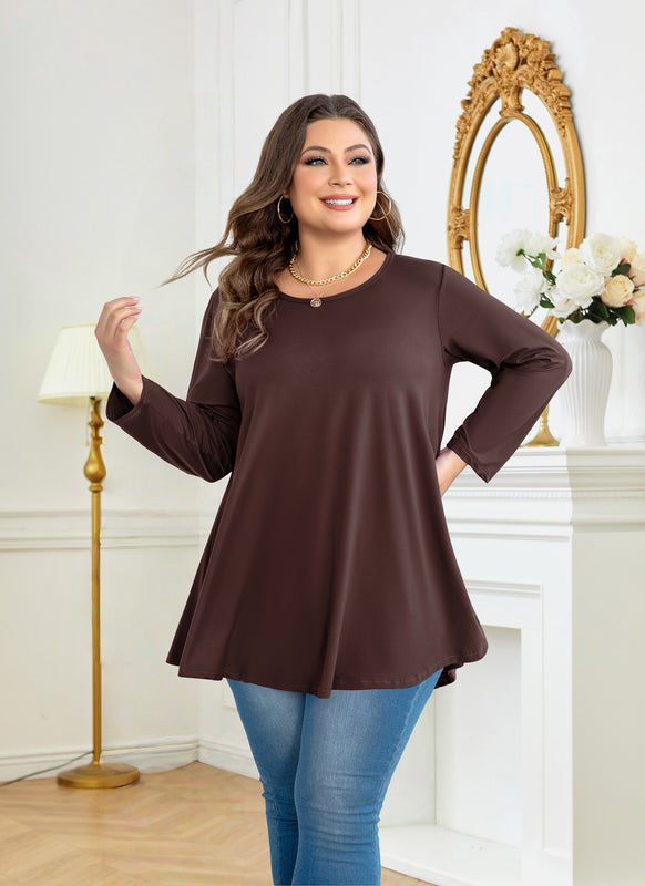 Women's Plus Size Tunic Top | 3/4 Sleeve Brown Swing Flare Blouse for Leggings S-7XL