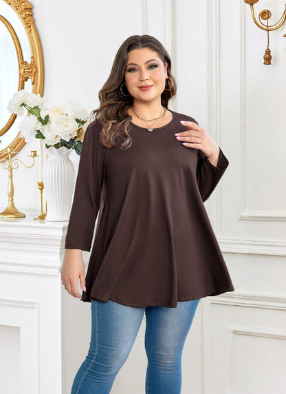 Women's Plus Size Tunic Top | 3/4 Sleeve Brown Swing Flare Blouse for Leggings S-7XL