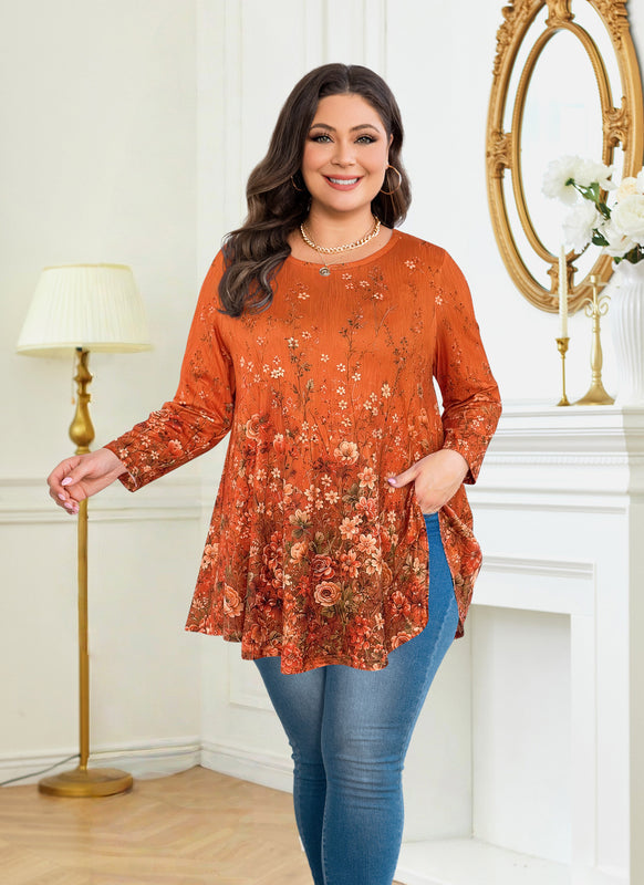 Women's Orange & Black Plus Size Tunic Top – 3/4 Sleeve Flowy Blouse