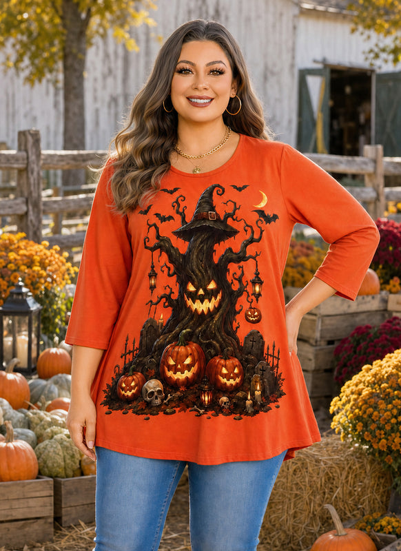 Women's Orange Swing Tunic Top – 3/4 Sleeve, Plus Size