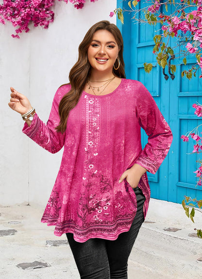 Women's Plus Size Hot Pink Floral Tunic Top – 3/4 Sleeve Swing Flare Blouse