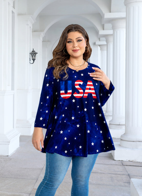 Women's Navy Blue & Red Plus Size Tunic Top – 3/4 Sleeve Swing Flowy Blouse