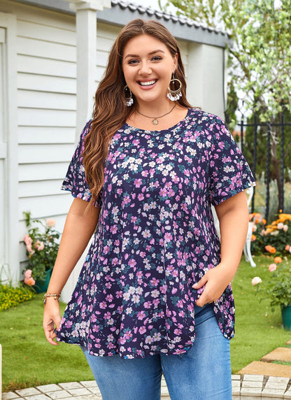 Women's Plus Size Floral Tunic Top – Short Ruffle Sleeve, Flowy Swing Blouse on Navy