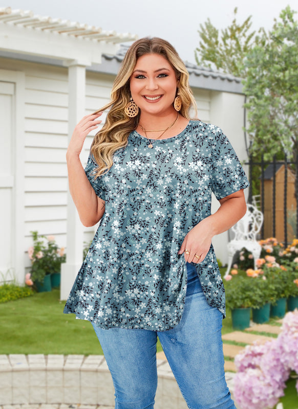 Women's Plus Size Teal & White Tunic Top – Short Sleeve Swing Blouse