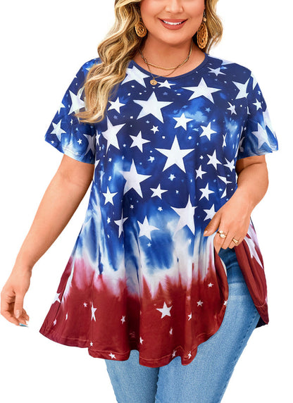 Women's Plus Size American Flag Tunic Top – Short Sleeve, Patriotic Swing Blouse to Wear with Leggings