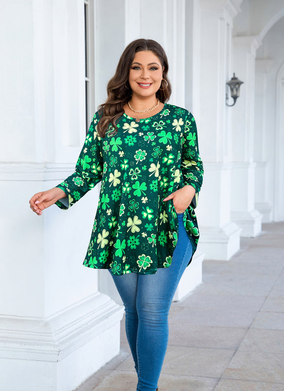 St. Patrick's Day Lucky Clover Print Tunic Top – Women's Plus Size Long Sleeve Swing Blouse with Pockets (S–7XL)