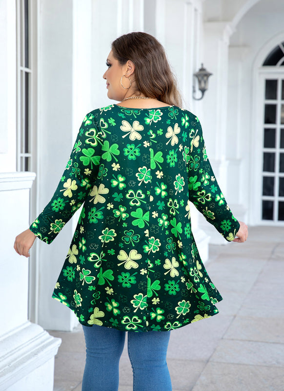St. Patrick's Day Lucky Clover Print Tunic Top – Women's Plus Size Long Sleeve Swing Blouse with Pockets (S–7XL)