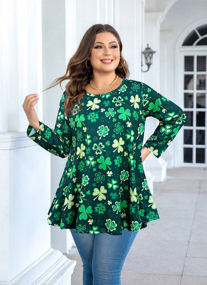 St. Patrick's Day Lucky Clover Print Tunic Top – Women's Plus Size Long Sleeve Swing Blouse with Pockets (S–7XL)