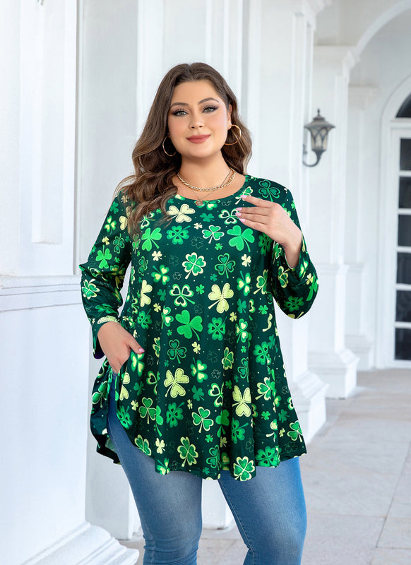 St. Patrick's Day Lucky Clover Print Tunic Top – Women's Plus Size Long Sleeve Swing Blouse with Pockets (S–7XL)