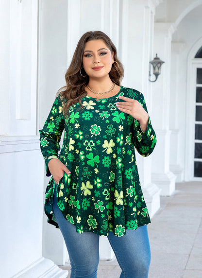St. Patrick's Day Lucky Clover Print Tunic Top – Women's Plus Size Long Sleeve Swing Blouse with Pockets (S–7XL)