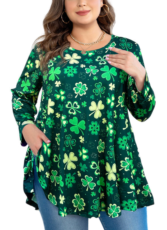 St. Patrick's Day Lucky Clover Print Tunic Top – Women's Plus Size Long Sleeve Swing Blouse with Pockets (S–7XL)