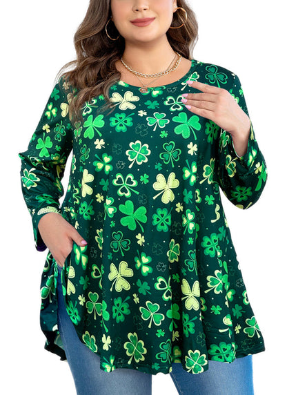 St. Patrick's Day Lucky Clover Print Tunic Top – Women's Plus Size Long Sleeve Swing Blouse with Pockets (S–7XL)