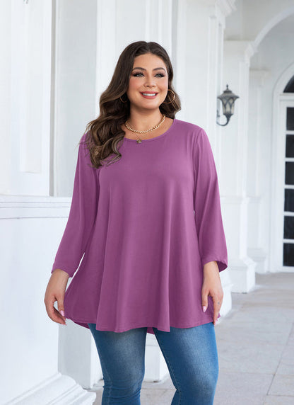 Women's Plus Size Purple Tunic Top – 3/4 Sleeve Swing Flare Blouse for Leggings (L–6XL)