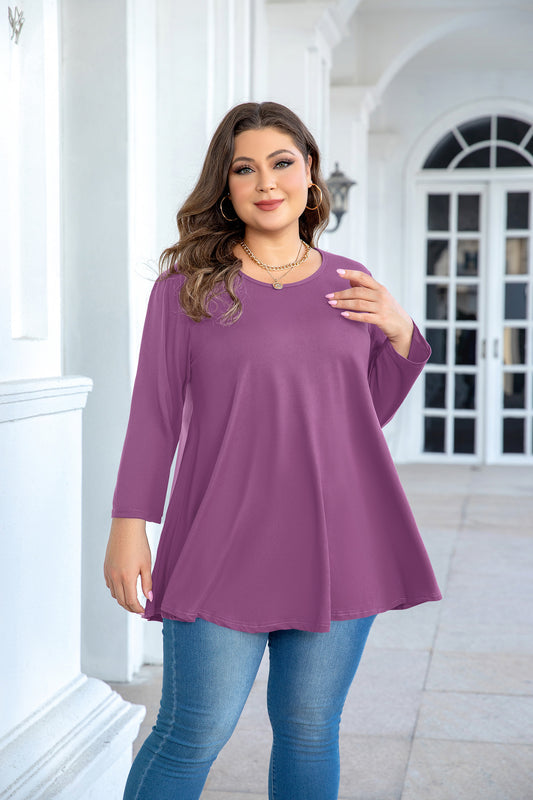 Women's Plus Size Purple Tunic Top – 3/4 Sleeve Swing Flare Blouse for Leggings (L–6XL)