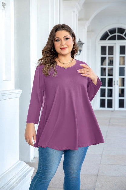 Women's Plus Size Purple Tunic Top – 3/4 Sleeve Swing Flare Blouse for Leggings (L–6XL)