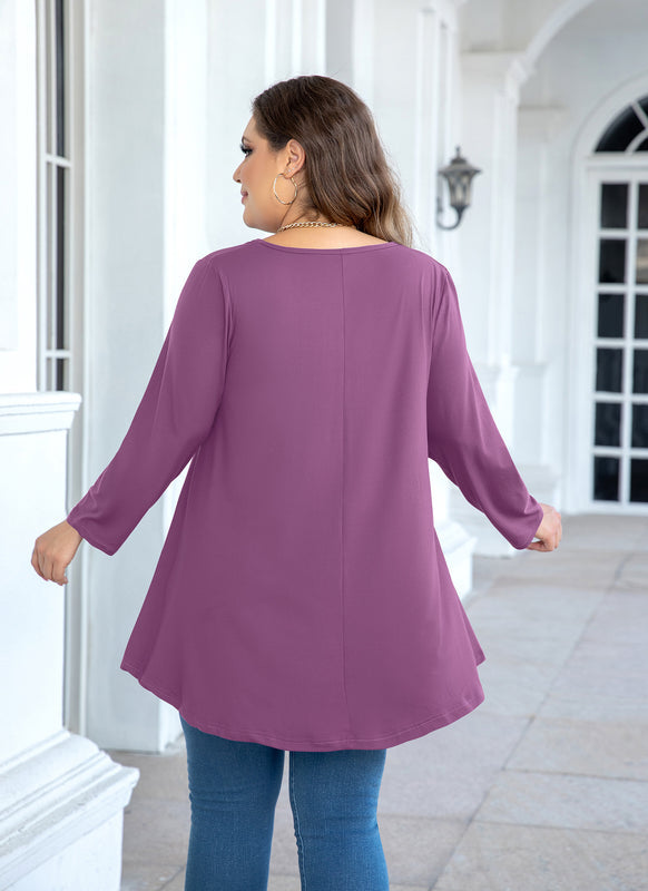Women's Plus Size Purple Tunic Top – 3/4 Sleeve Swing Flare Blouse for Leggings (L–6XL)