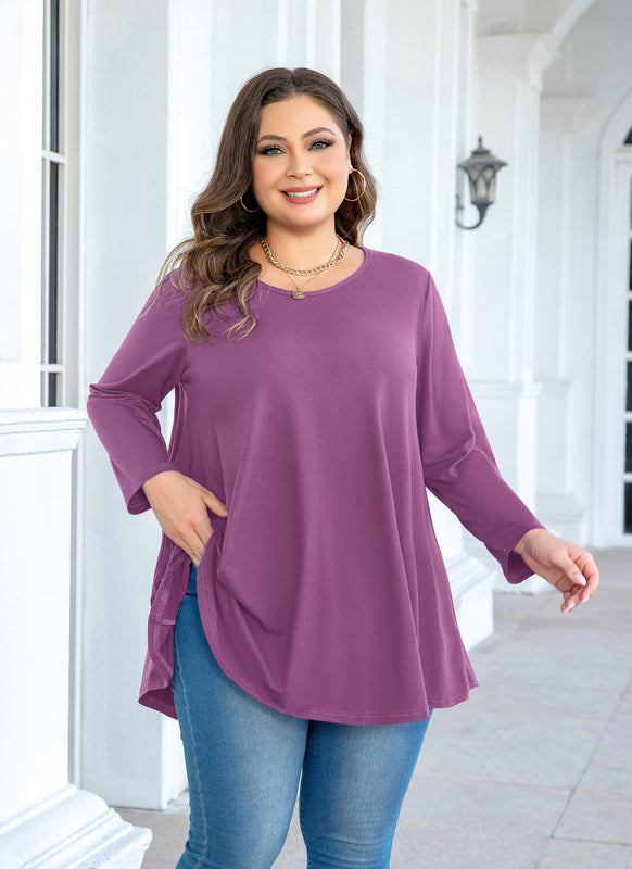 Women's Plus Size Purple Tunic Top – 3/4 Sleeve Swing Flare Blouse for Leggings (L–6XL)