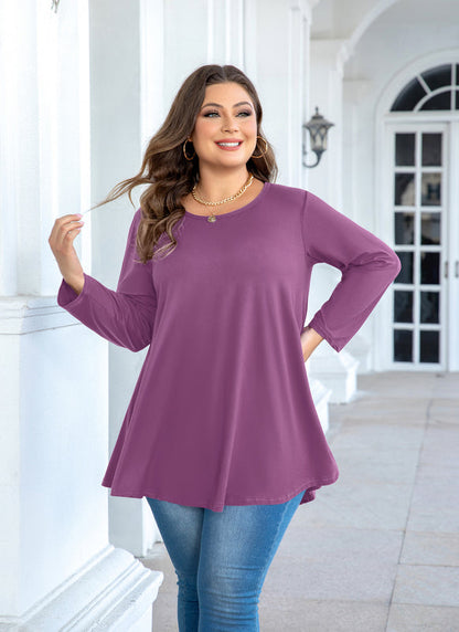 Women's Plus Size Purple Tunic Top – 3/4 Sleeve Swing Flare Blouse for Leggings (L–6XL)