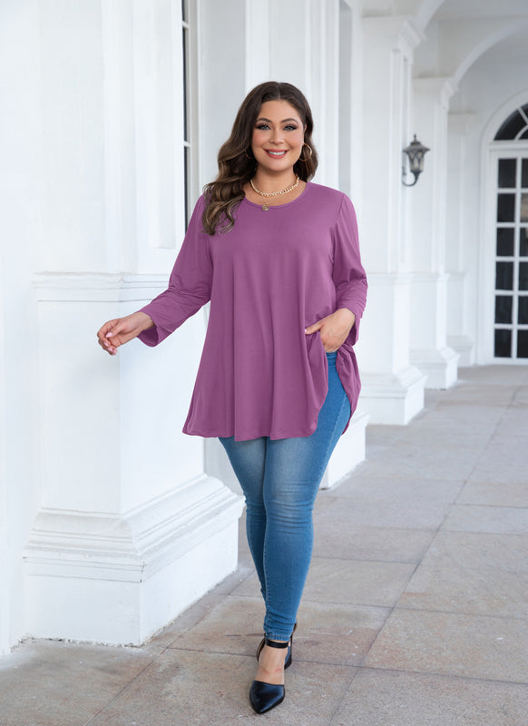 Women's Plus Size Purple Tunic Top – 3/4 Sleeve Swing Flare Blouse for Leggings (L–6XL)